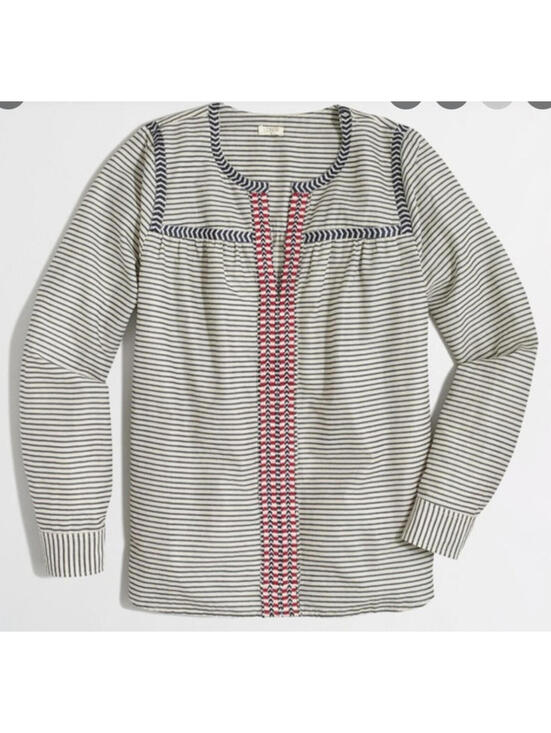 J. Crew Tops - J Crew Popover Top Women’s Blouse Size 4 Striped Embroidered Long Sleeve Gray
